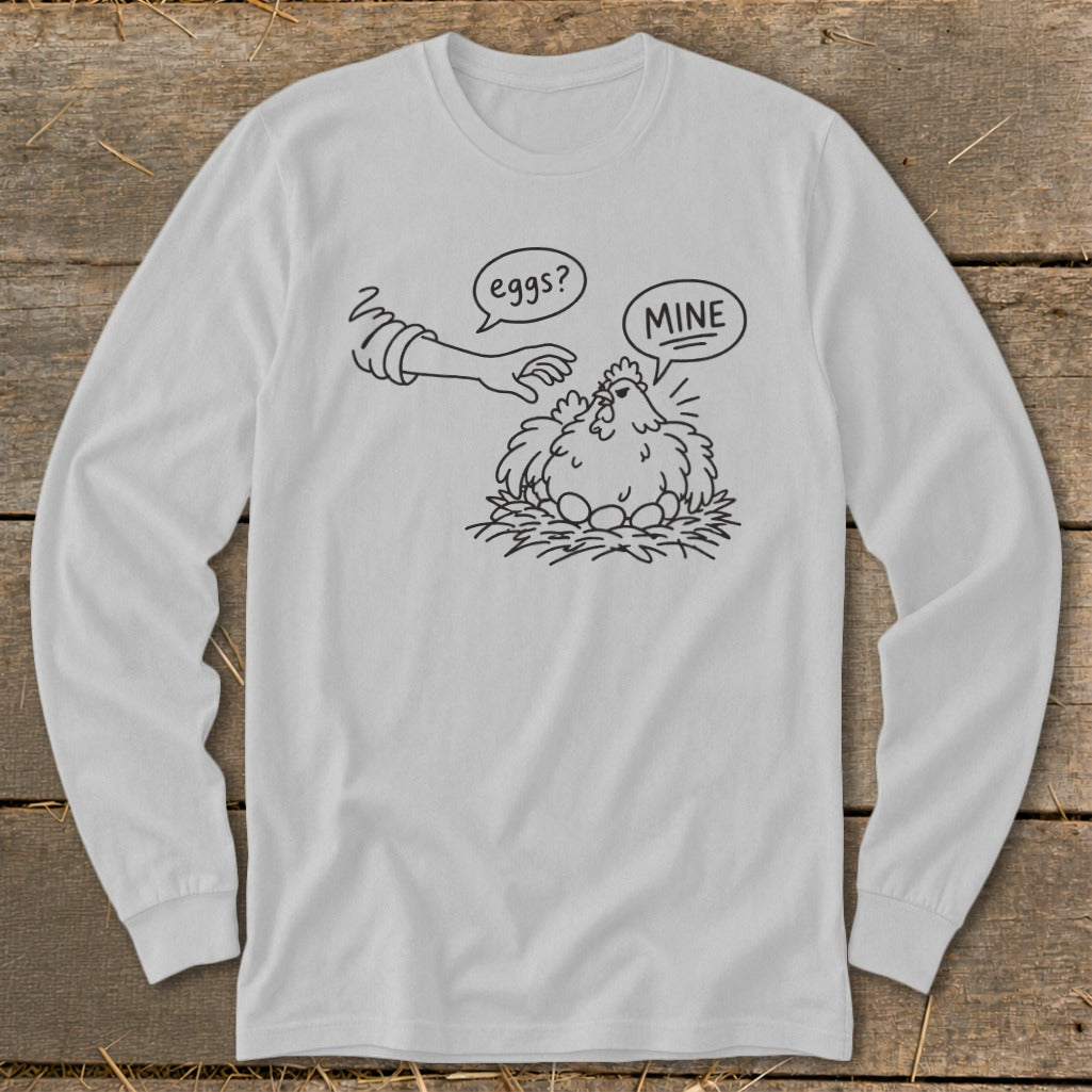 Line drawing of a chicken on eggs with a hand saying "eggs?" and chicken saying "MINE".