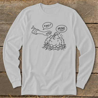 Line drawing of a chicken on eggs with a hand saying "eggs?" and chicken saying "MINE".