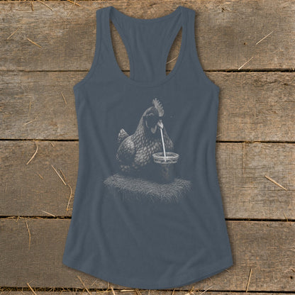 Chicken drinking from a jar with a straw on a tank top
