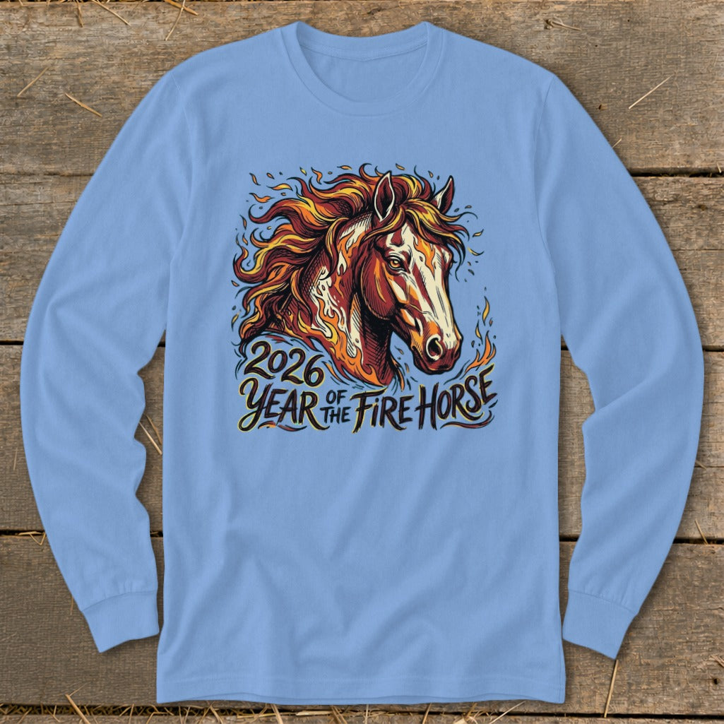 Long-sleeve shirt with graphic of a horse's head and text "2026 Year of the Fire Horse."