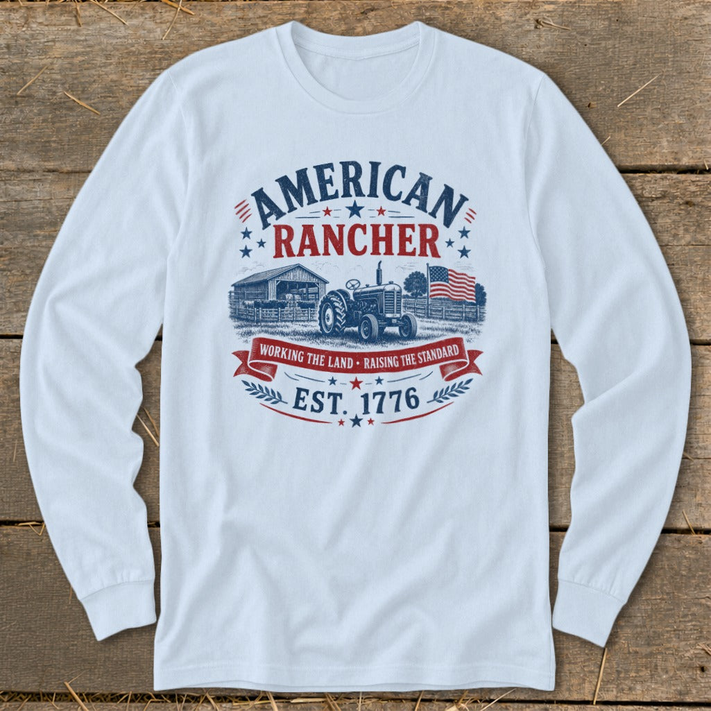White long-sleeve shirt with "American Rancher Est. 1776" graphic.