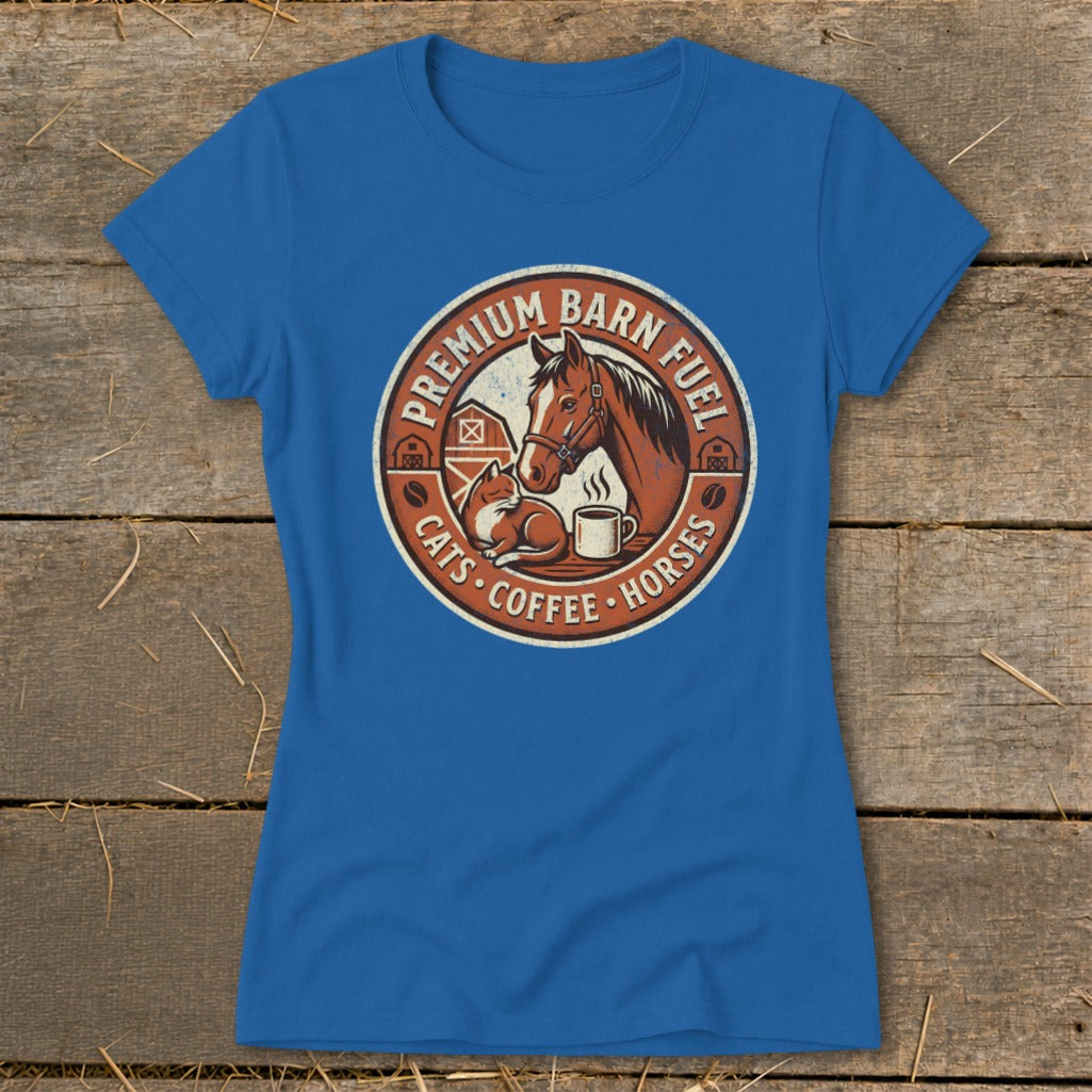 Barn emblem with horse, cat, and coffee, reading "Premium Barn Fuel Cats Coffee Horses".
