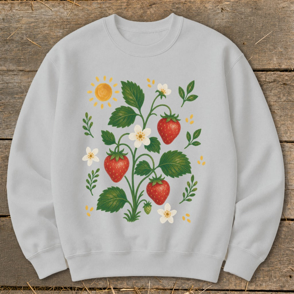 Light gray sweatshirt with a vintage strawberry plant and sun illustration.
