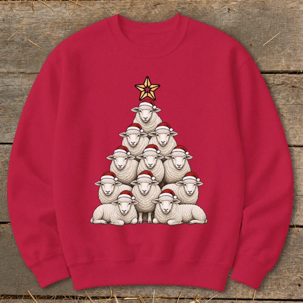 Red sweatshirt with a Christmas tree made of sheep wearing Santa hats.