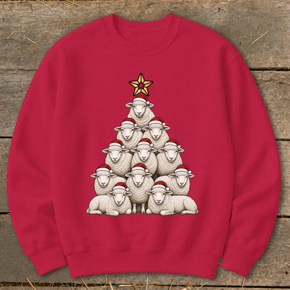 Red sweatshirt with a Christmas tree made of sheep wearing Santa hats.