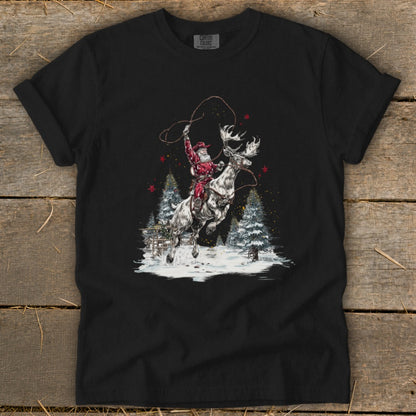 Santa Claus riding a reindeer while roping in a snowy forest scene.