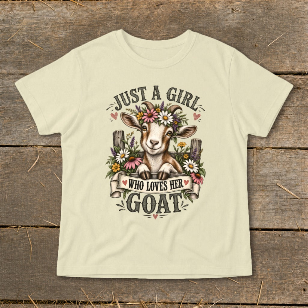 Cream t-shirt with a goat wearing a flower crown and text reading "Just a girl who loves her goat."
