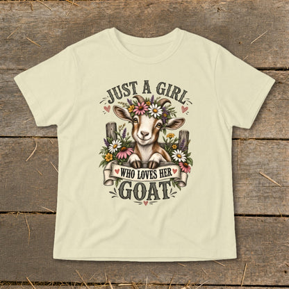 Cream t-shirt with a goat wearing a flower crown and text reading "Just a girl who loves her goat."