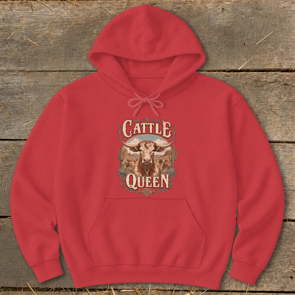 Red hoodie with "Cattle Queen" graphic featuring a longhorn steer and desert landscape.