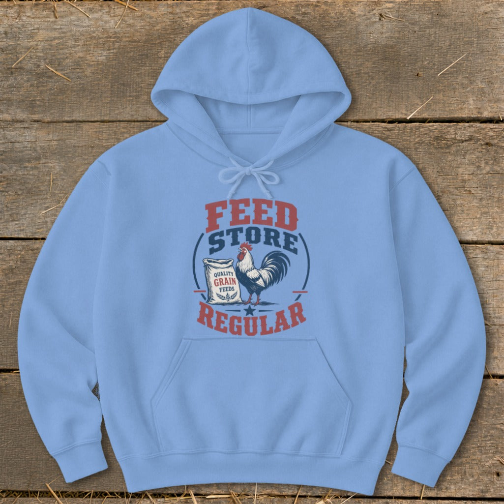 Light blue hoodie with a vintage feed store graphic featuring a rooster and grain sack.