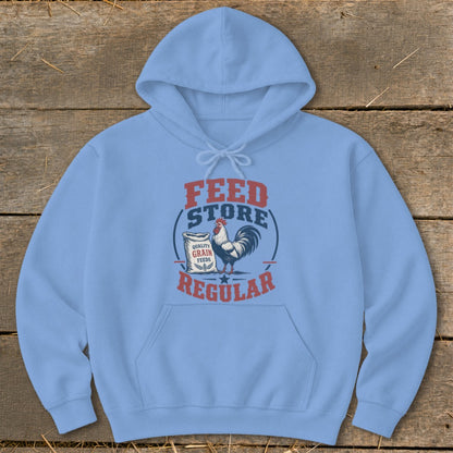 Light blue hoodie with a vintage feed store graphic featuring a rooster and grain sack.