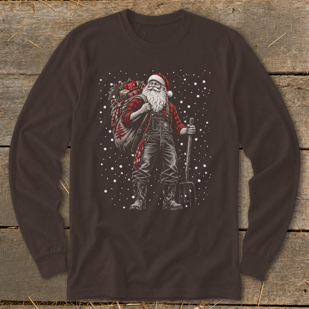 Farm-themed Santa with a sack of gifts and pitchfork on a brown long-sleeve shirt.