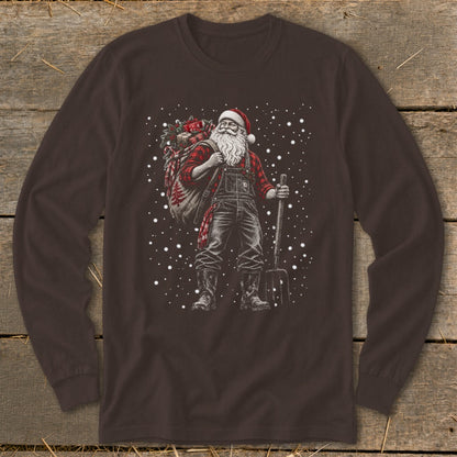 Farm-themed Santa with a sack of gifts and pitchfork on a brown long-sleeve shirt.