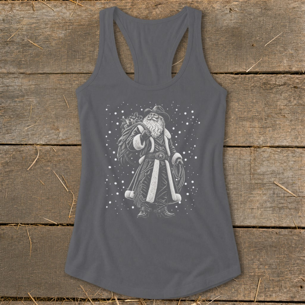Grey tank top with cowboy Santa Claus graphic carrying a sack and lasso.