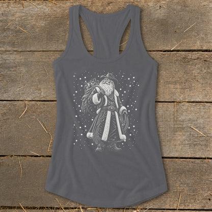 Grey tank top with cowboy Santa Claus graphic carrying a sack and lasso.