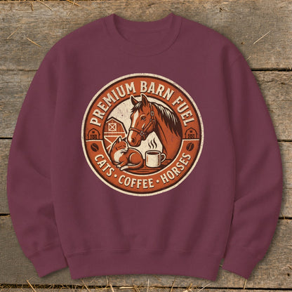 Barn Fuel graphic with horse, cat, coffee mug, and text.