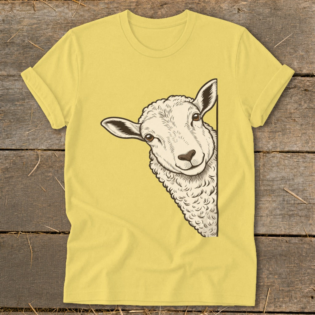 Yellow t-shirt with a black and white sketch of a sheep peeking from the side.