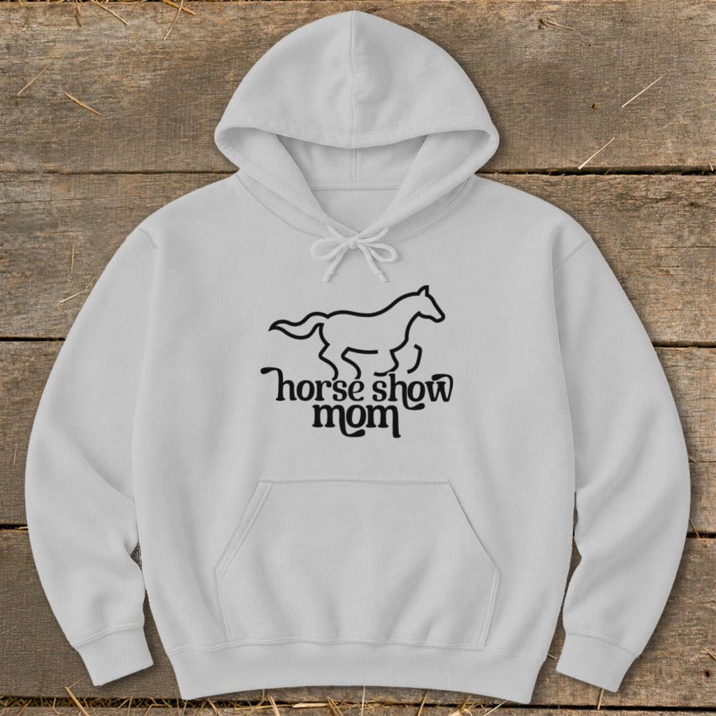 White hoodie with black outline horse and "horse show mom" text.