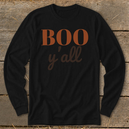 Black long-sleeved shirt with "BOO y'all" text in orange and brown.