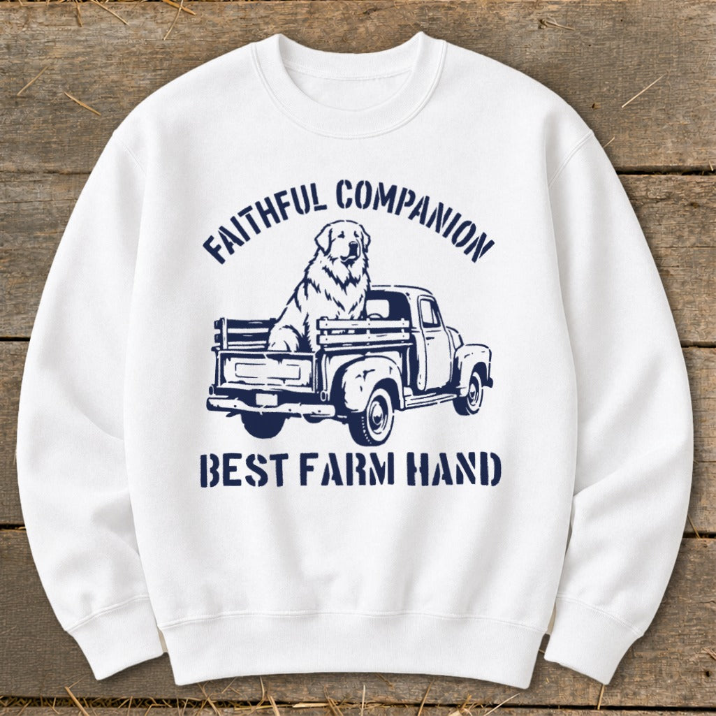 White sweatshirt with navy graphic of dog in truck, "Faithful Companion" and "Best Farm Hand".
