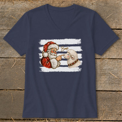 Santa booping a sheep with the word "Boop" on a dark navy t-shirt.