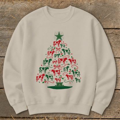 Cream crewneck sweatshirt with Christmas tree design made of red and green cows.