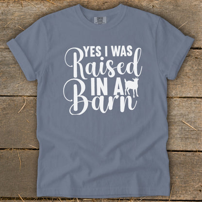 Blue t-shirt with white text "YES I WAS Raised IN A Barn" and a goat silhouette.