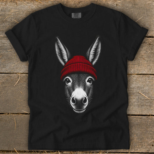 A black crewneck t-shirt featuring a detailed white illustration of a donkey wearing a red beanie.