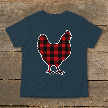 Dark blue t-shirt with a red and black buffalo plaid chicken graphic.
