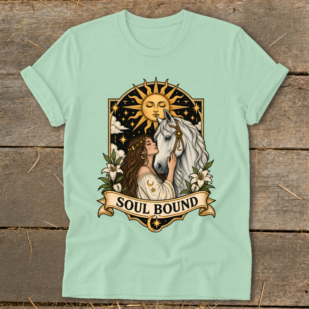 Illustration of woman and horse with sun, stars, and "Soul Bound" text.