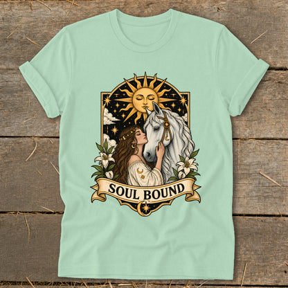 Illustration of woman and horse with sun, stars, and "Soul Bound" text.