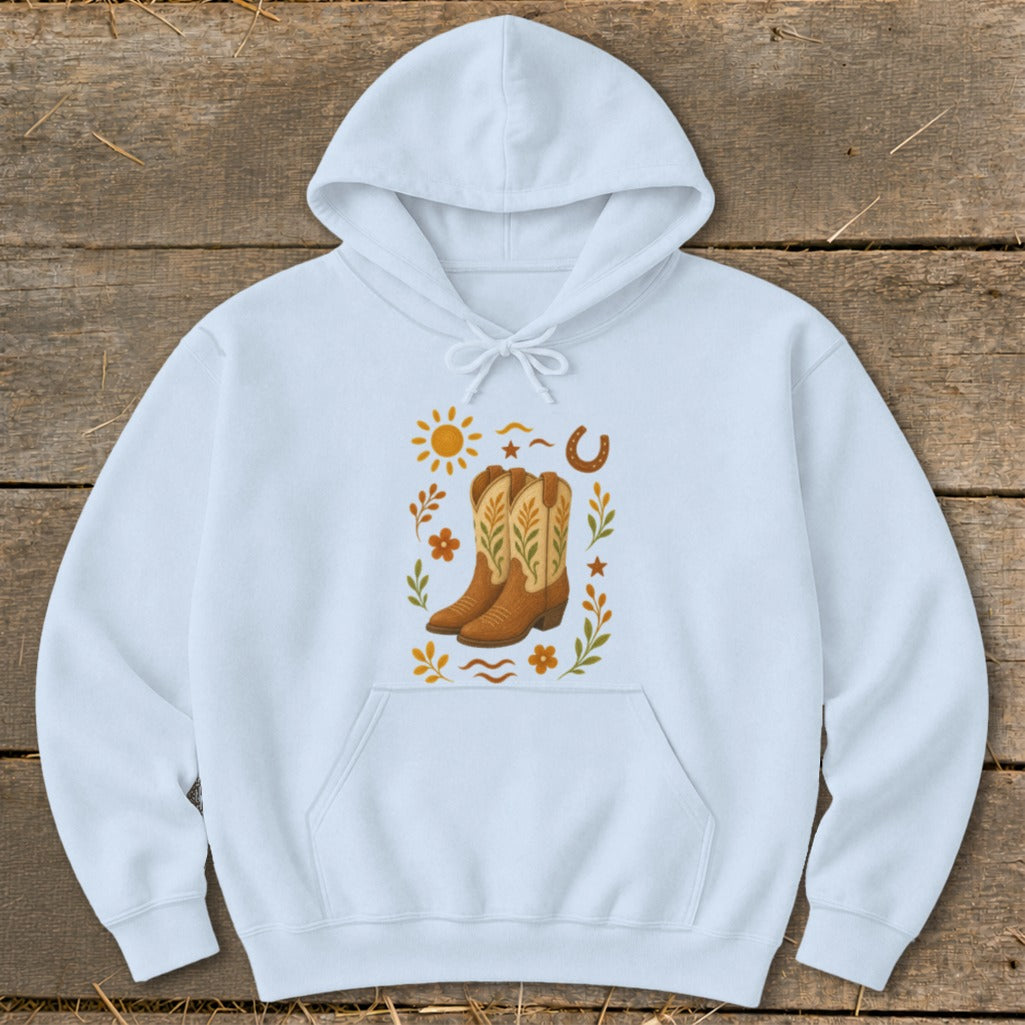 Light blue hoodie with western boots, sun, and horseshoe graphic.