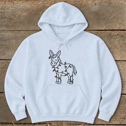 White hoodie with a line drawing of a donkey wrapped in colorful Christmas lights.