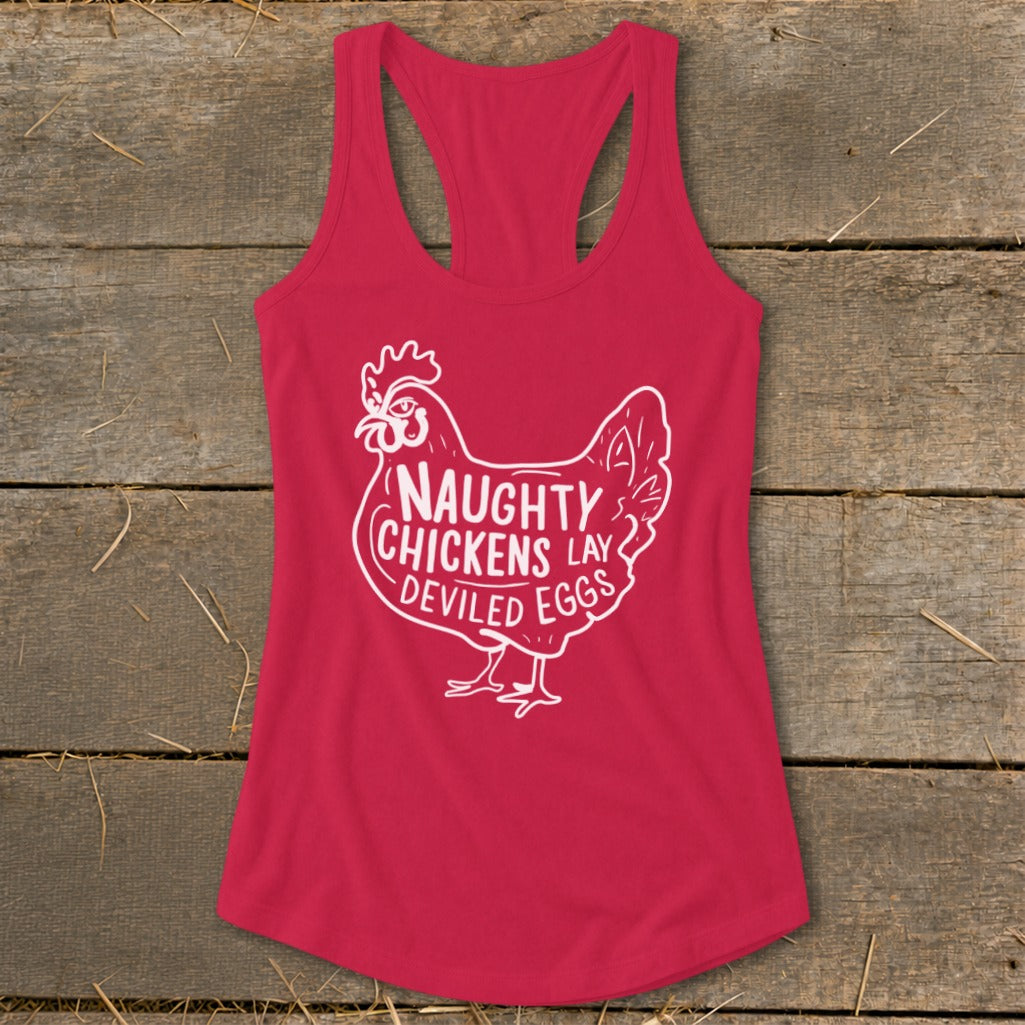 Pink tank top with white chicken graphic and text.