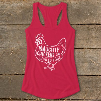 Pink tank top with white chicken graphic and text.