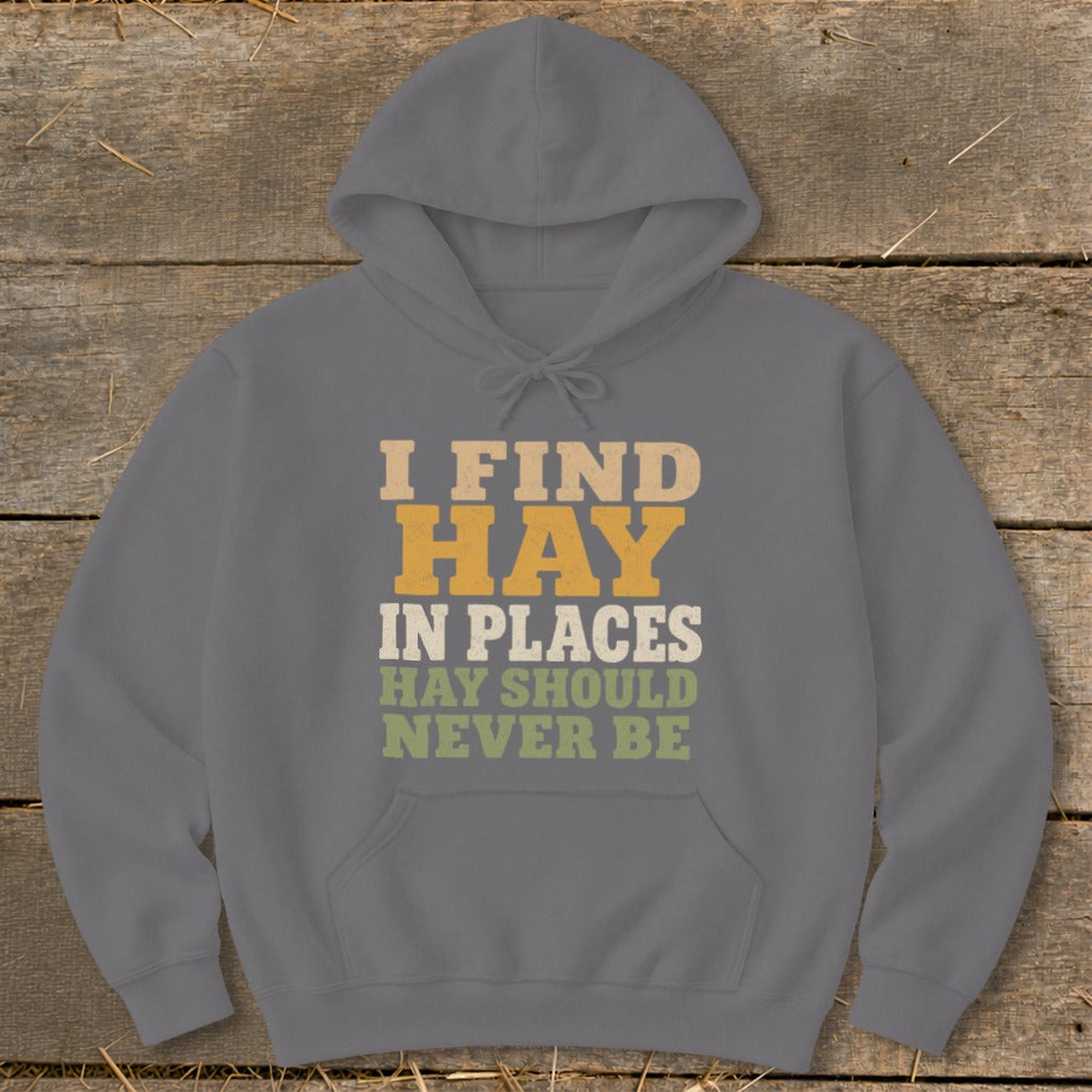 Gray hoodie with text "I FIND HAY IN PLACES HAY SHOULD NEVER BE".