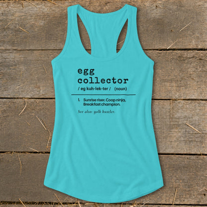 Turquoise tank top with black text defining "egg collector" and synonyms.
