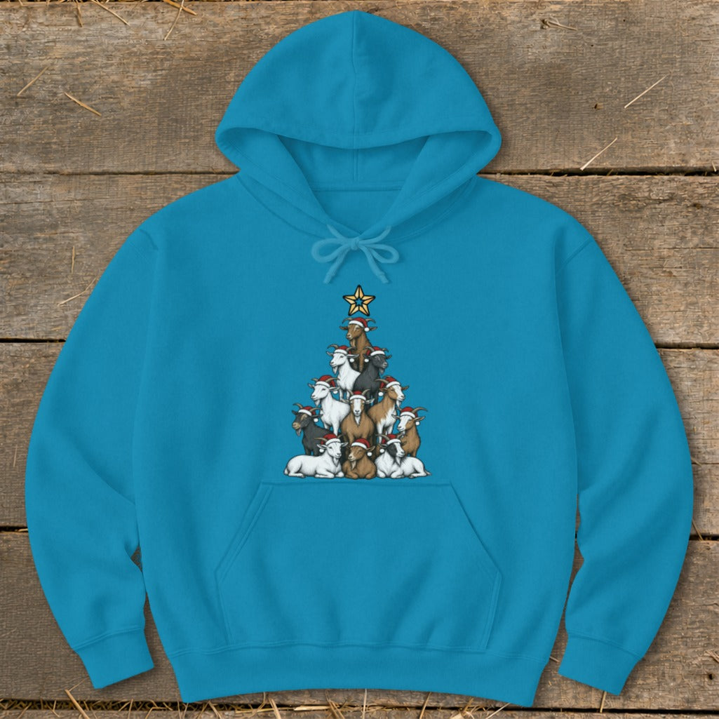 Turquoise hoodie with a Christmas tree formation of goats wearing Santa hats.