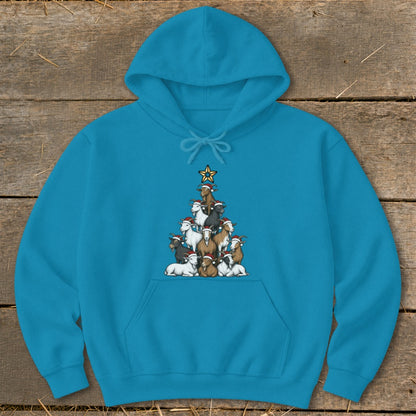 Turquoise hoodie with a Christmas tree formation of goats wearing Santa hats.