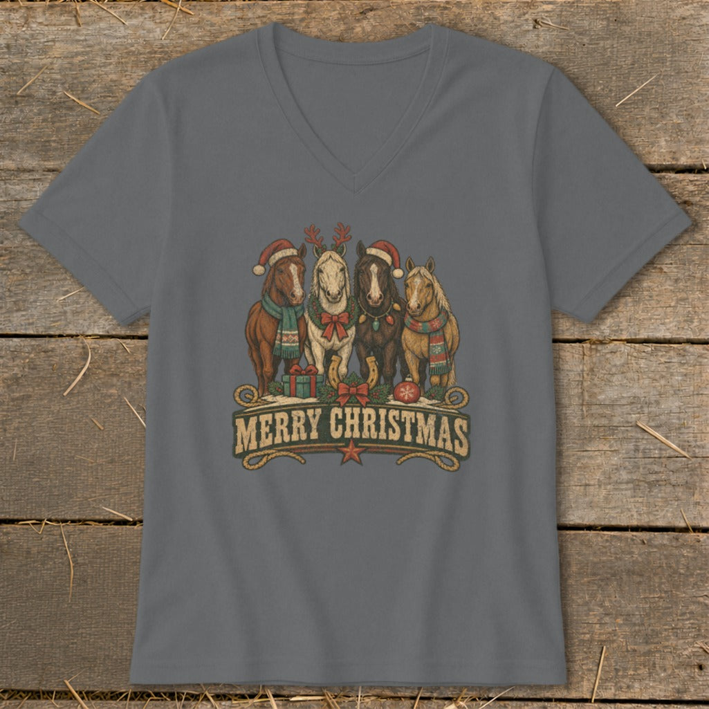Four horses in Christmas hats and scarves with "Merry Christmas" text below.
