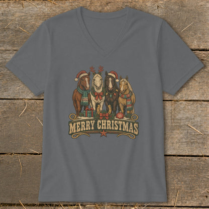 Four horses in Christmas hats and scarves with "Merry Christmas" text below.