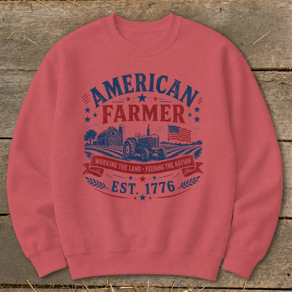 American Farmer graphic with tractor, barn, flag, and text "Est. 1776".