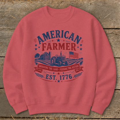American Farmer graphic with tractor, barn, flag, and text "Est. 1776".