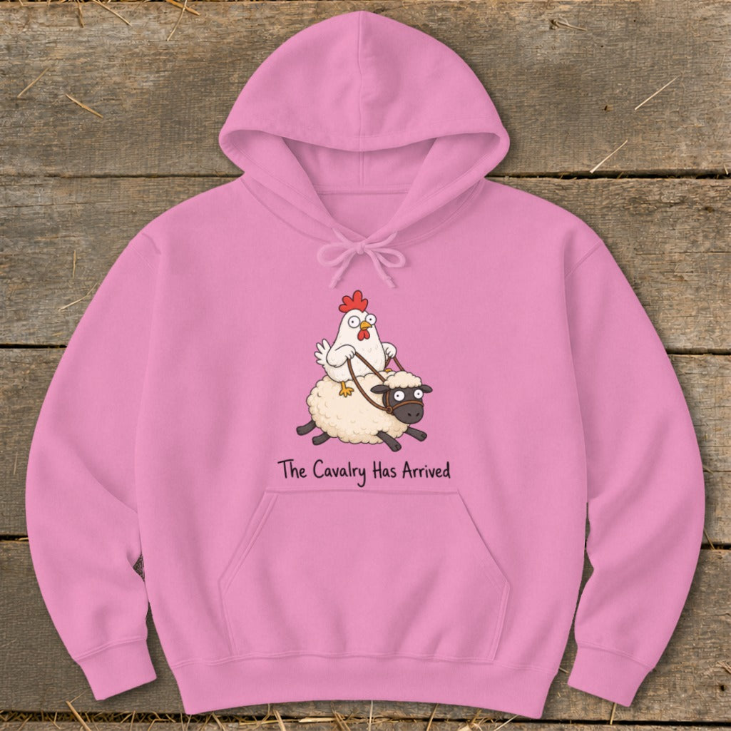 Pink hoodie with a cartoon chicken riding a sheep, text reads "The Cavalry Has Arrived".