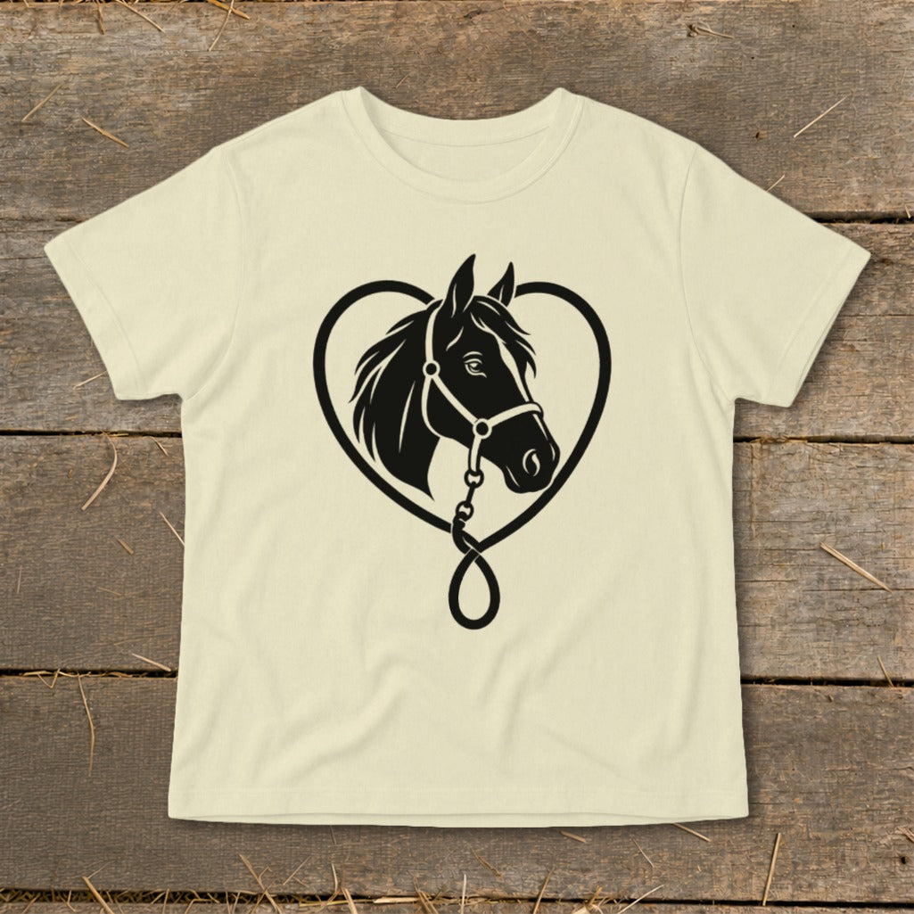 Light cream short-sleeved t-shirt featuring a black graphic of a horse head inside a heart-shaped outline.