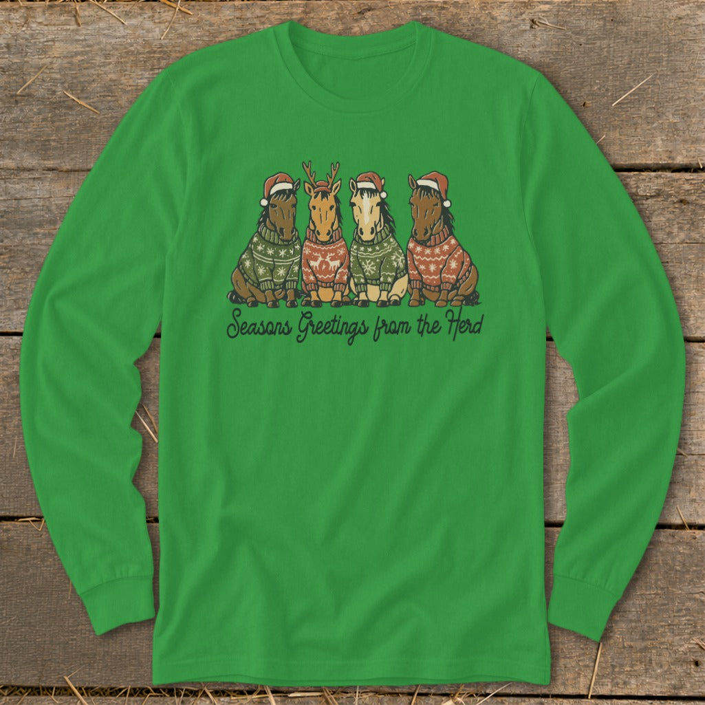 Four horses wearing Santa hats and festive sweaters, with "Seasons Greetings from the Herd" text.