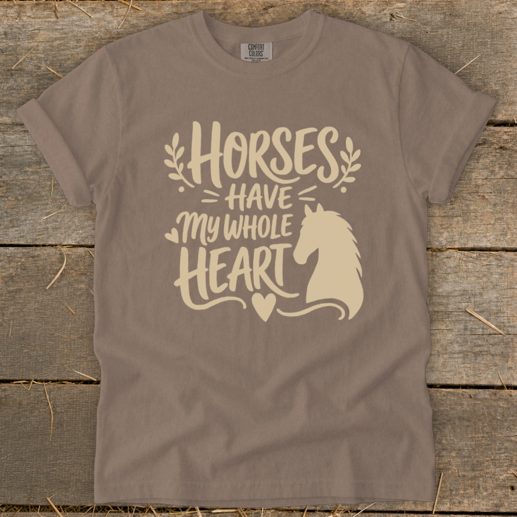Brown t-shirt with "Horses Have My Whole Heart" text and horse silhouette.