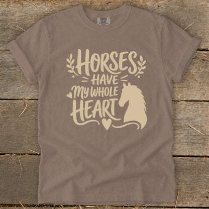 Brown t-shirt with "Horses Have My Whole Heart" text and horse silhouette.