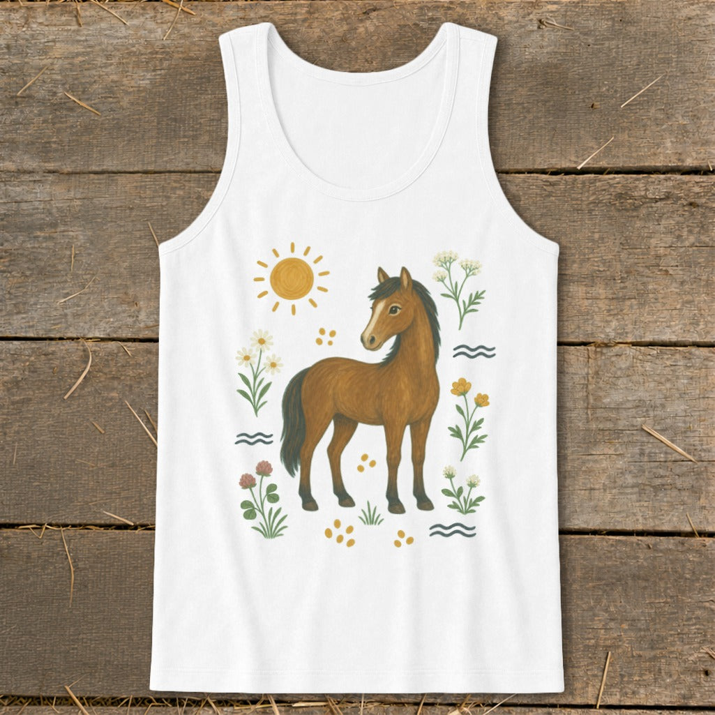 White tank top with a brown horse surrounded by flowers, sun, and waves.