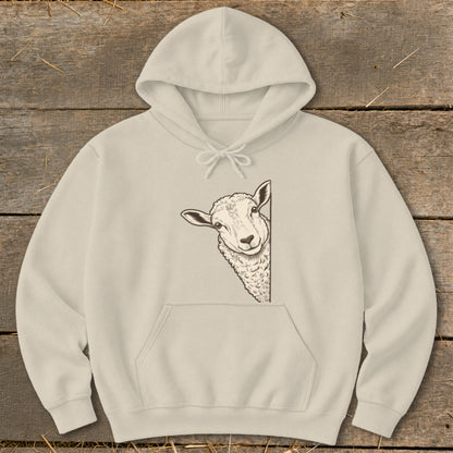 Beige hooded sweatshirt with a peek-a-boo sheep graphic on the front.